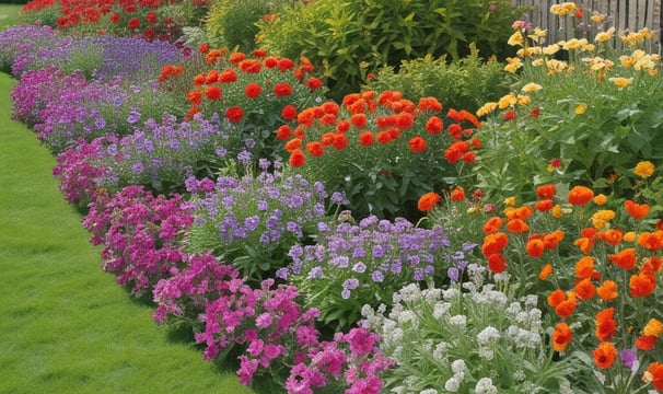 A lush garden bed filled with vibrant red flowers is bordered by a healthy green lawn. Trees are scattered amongst the flowers, providing a mix of shade and sunlight. In the background, a few people can be seen walking along a path, and parked cars are visible near a low brown wall.