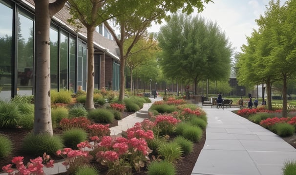 A lush, green garden filled with various types of tall coniferous trees and shrubs under the warm glow of sunlight. The landscape includes a manicured lawn and rock arrangements, evoking a sense of tranquility and natural beauty.