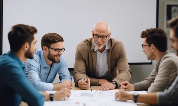 Three people are in a meeting room. One person is standing and pointing to a whiteboard filled with diagrams and flowcharts, while the other two are seated at a table with laptops and notebooks. The atmosphere appears focused and collaborative.