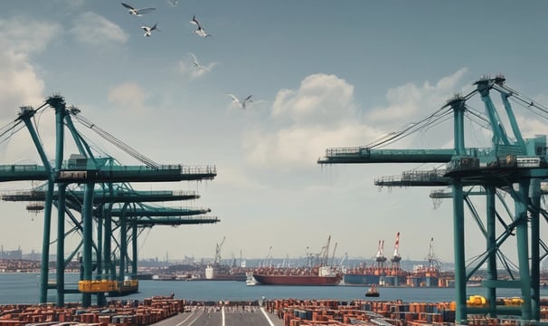 A large shipping port with numerous stacked cargo containers, cranes, and two small boats docked at the harbor. The containers are primarily red and blue and labeled with 'KMTC'. The cranes are towering, painted in blue, with the word 'NORTHPORT' prominently displayed. The scene is industrial, indicating a bustling area for shipping and logistics.