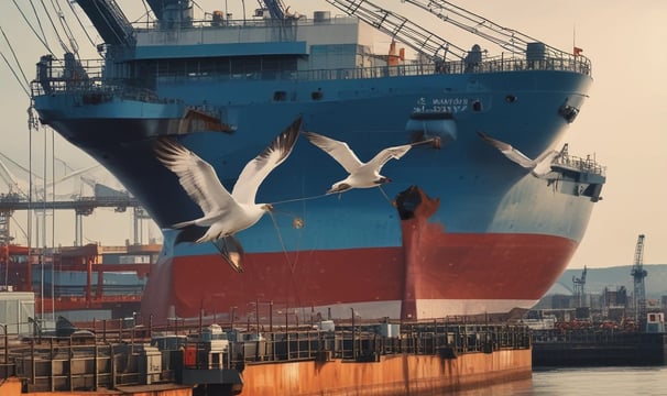 A busy shipping port with numerous stacked cargo containers is shown. Several cranes are actively loading and unloading the containers onto a large cargo ship docked at the port. The water nearby appears calm, and there are various vehicles and equipment scattered around the area, indicating a high level of activity.