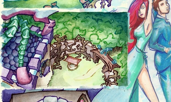 Combination of watercolour fantasy art sketches in vivid colours. Rapunzel's tower. Prom queen.