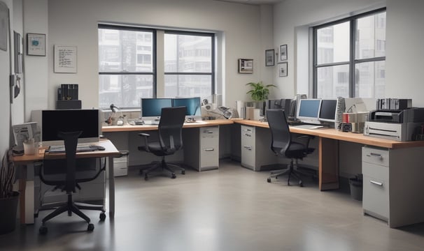 office engineering office with computers and floor plans scattered