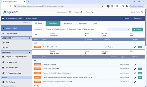 eqLend Mission Control showing Team Tasks