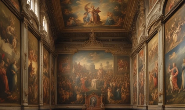 A marketplace stall features an array of framed images and posters with various designs, arranged on tables covered with purple cloth. The collection includes diverse themes such as landscapes, inspirational quotes, pop culture references, and abstract art. The frames are neatly organized, and some larger prints are displayed upright in the background.