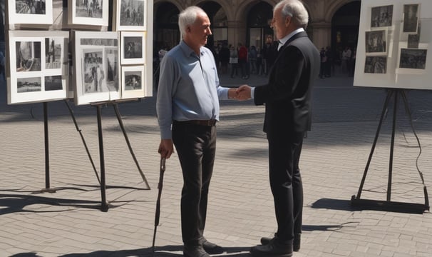 A poster with colorful graphics and text in a foreign language, featuring images of people interacting with 3D artwork on a wall. The main elements include individuals posing with painted gold coins and treasure chests as part of an interactive exhibit.
