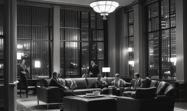 A monochromatic indoor scene featuring a consultation area with a modern design. Two people are seated at a long wooden table, working on laptops, while another person stands nearby. Bookshelves are visible beneath the table, and a sign reads 'Consultation Specialisee'. Overhead lighting and glass partitions add to the contemporary architectural style.