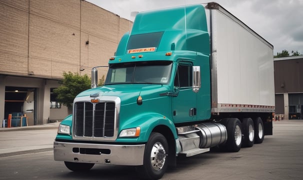 A large white semi-truck with a trailer is parked on a gravel surface, with clear blue sky and distant mountains in the background. Another vehicle, likely a pickup truck in a darker color, is partially visible on the left side.