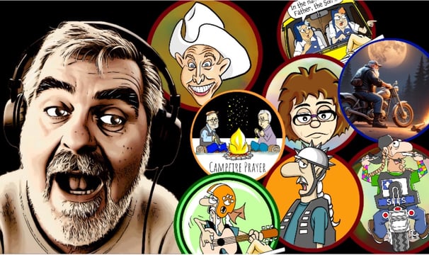 Funny old man with podcast equipment surround by cartoon characters.