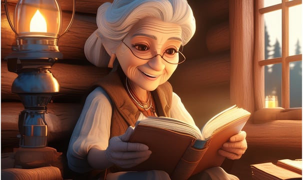 Charming country grandmother in cozy cabin reading a good book beside a kerosene lamp.