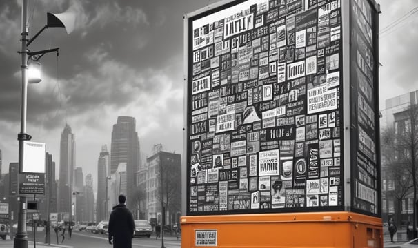 The image depicts a modern indoor setting with posters on a wall featuring a professional headshot and text related to marketing. Silhouetted figures are seated at tables in the foreground, casting shadows. The lighting is dim, creating contrast between the illuminated posters and darker seating area.