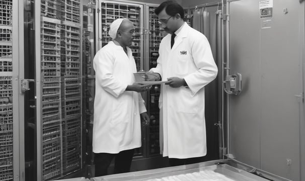An industrial assembly area featuring several red agricultural machines in various stages of assembly. The foreground shows a bin filled with metal bolts. Overhead, there are cranes and hooks, suggesting a manufacturing environment. The machinery has visible engines and glass cabins.