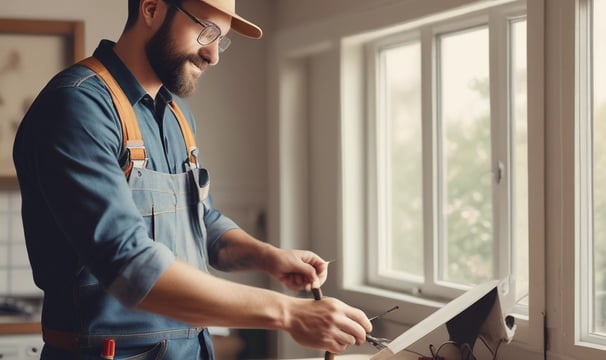 A black and white image captures a person wearing gloves using a power drill. The focus is on the hands and the drill, suggesting a construction or woodworking activity. The person is wearing a shirt with a logo on it.
