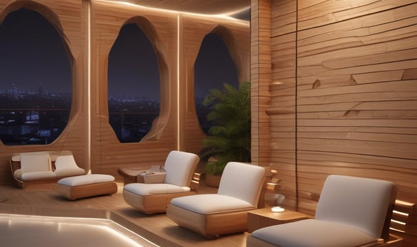 A serene spa setting with three beauty product tubes displayed prominently on a small round table. In the background, a person relaxing in a bathtub with a towel wrapped around their head and sunglasses.