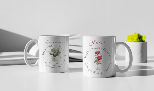 Two personalised white ceramic mugs featuring May and June birth flowers – a rose and a lily of th