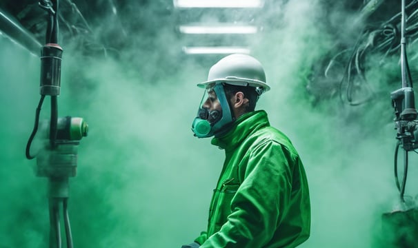 Descontaminación de sustancias químicas peligrosas, mascarilla de respiración y traje descontaminar