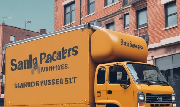 A truck with a 'HIVE BOXX' advertisement is parked on a sloped street near a public market, with a view of the water and distant hills. People are walking around, and several market stalls with tents are visible. The truck promotes eco-friendly moving boxes with a scenic city graphic on the back, featuring iconic landmarks and natural elements.