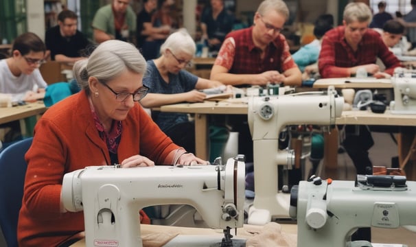 Atelier de couture solidaire avec des couturières et couturiers en réinsertion travaillant