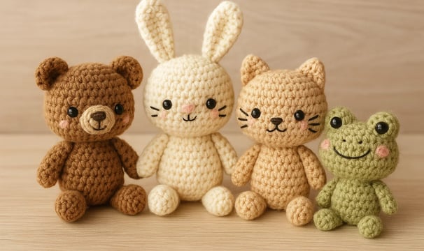 un ours brun, un lapin blanc, un chat et une grenouille au crochet