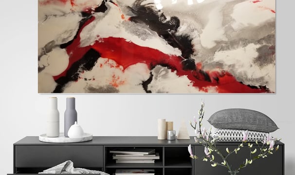 SOLD: "Red Chakra" - 3 x 7 Painting. This impactful artwork, measuring 3 feet by 7 feet, was sold at