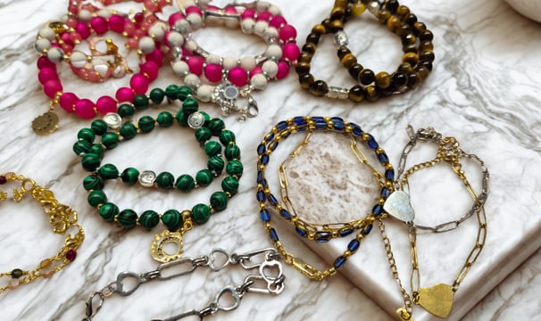 a bunch of bracelets with a variety of beads and charms