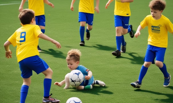 A group of young athletes playing soccer on a grassy field, surrounded by trees and a fence. Players are wearing matching blue uniforms, and a few are in yellow pinnies. The scene is set under a clear sky with ample sunlight.