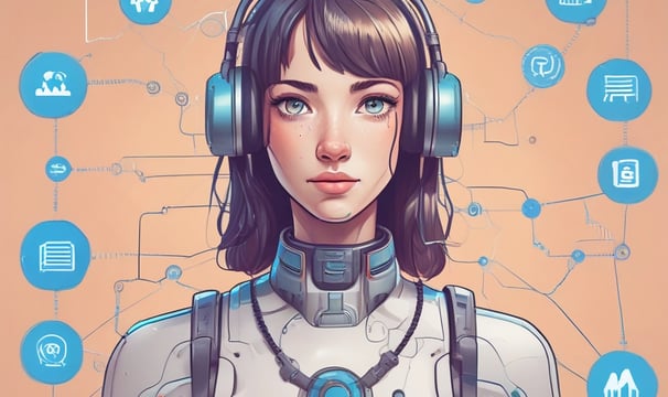 A small, white humanoid robot with blue accents, including eyes, mouth, and a circular badge with the letters 'AI' on its chest, is positioned in front of a blue laptop on a metallic surface. The robot has a simple, smooth design with two cylindrical arms and a small antenna on top.