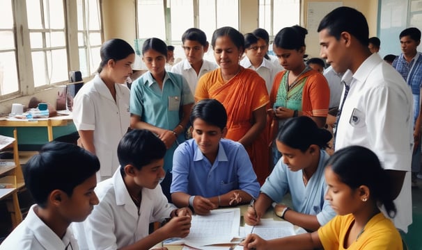 Several young individuals are actively engaging in an outdoor activity on a grass field. They are dressed in matching camouflage shirts and jeans. One person is holding the national flag of India. In the background, there is a building with a tiled pathway and a stack of large black speakers. Decorative orange and white garlands hang from a pole.