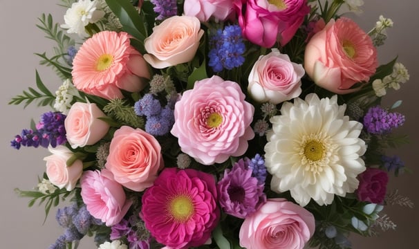 A vibrant display of various flowers arranged in bouquets at a market stall. The assortment includes tulips wrapped in paper, sunflowers, roses, and other colorful blossoms, with visible price tags indicating their cost.