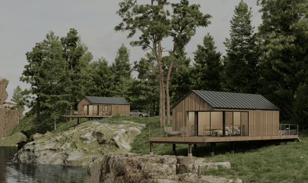 Prefab modular tiny homes by Wind River Builders on a lake