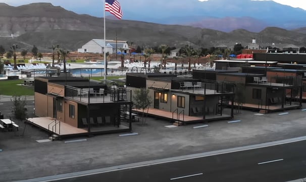 Prefab modular tiny homes by Zip Kit Home Builders at dusk