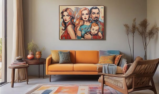 Quadro de um rosto de uma cliente, na sala de leitura.