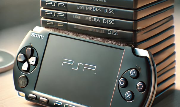 A PlayStation Portable and UMD discs.