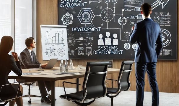 People meeting with a blackboard.