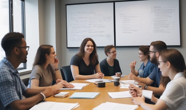 Three people are in a meeting room. One person is standing and pointing to a whiteboard filled with diagrams and flowcharts, while the other two are seated at a table with laptops and notebooks. The atmosphere appears focused and collaborative.