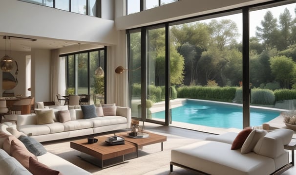 The image features a spacious room with large glass windows offering a panoramic view of a city. Outside, there is a landscape with a river, lush greenery, and numerous buildings in the background, under a partly cloudy sky. Inside the room, there is a dark green sofa and a small potted plant, suggesting a modern, comfortable interior space.