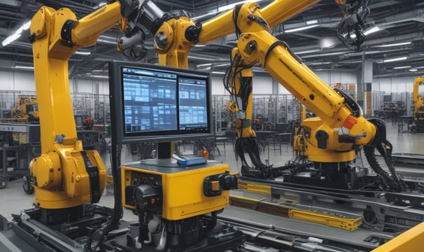 A person wearing an orange cap and shirt operates industrial machinery with large gears and wheels in a factory setting. The equipment is predominantly blue with copper elements, and bags are suspended overhead. The environment appears to be industrial, with a focus on mechanical processing.
