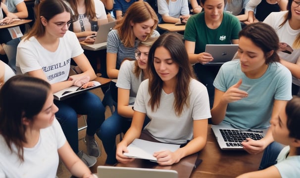 People are working on laptops at a modern office setup. The environment appears collaborative and tech-focused, with laptops, notebooks, and a bright, colorful interior featuring orange and green tones.