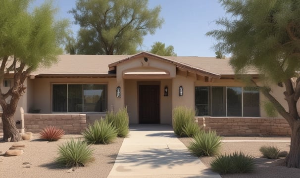 A modern architectural structure with a slanted roof stands on a rocky, red desert landscape. Surrounding the building are green shrubs and plants, with a clear blue sky in the background. The building features large glass windows reflecting the outdoors.