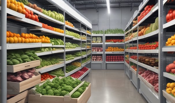 A bustling market stall displays a vibrant array of fresh produce, including tomatoes, asparagus, bell peppers, avocados, and pineapples. Arranged neatly in wooden crates, the fruits and vegetables are accompanied by price tags. The market area is lively with people walking by, some examining the goods. Overhead lights illuminate the colorful assortment, and a sign above reads 'Corner Produce'. In the background, additional greenery and vegetables are visible on shelves.