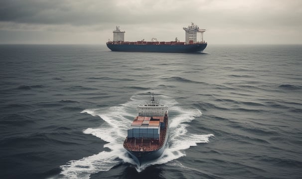 A small industrial vessel is navigating through slightly choppy waters. The vessel is equipped with machinery, including a yellow crane and antennas on its deck. The surrounding water has a dark, moody appearance due to the overcast lighting.