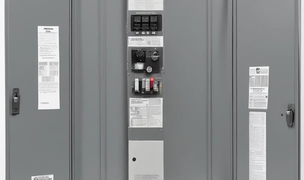 A black and white image of an electrical junction box mounted on a vertical pole. The box is labeled with the code '2DJ030305' and has several wires and cables connected beneath it. The background is blurred, with indistinct structures visible.