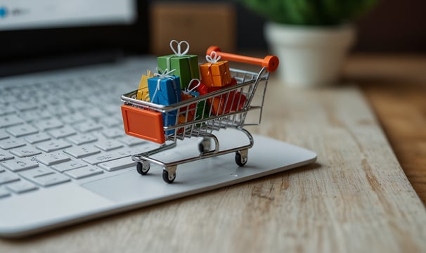 a shopping cartonce with a shopping cartonce in front of a laptop