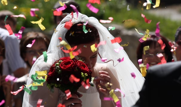 Bride with colourful confetti