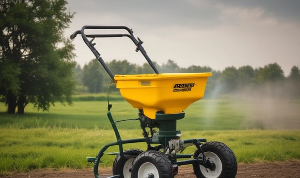 A green lawn mower with a rust-colored engine is positioned on a neatly mowed grass field. In the background, there is a large building with a modern architectural style, featuring tall pillars and numerous windows. Trees line the area near the building.