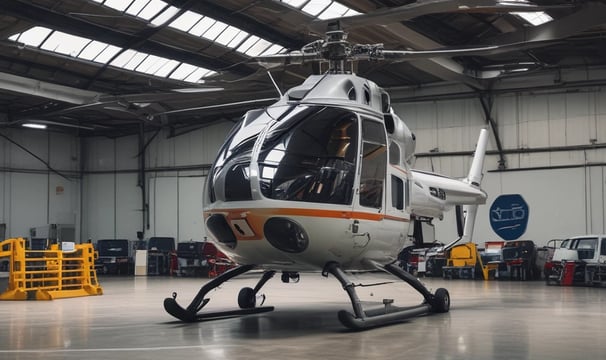 A civil helicopter in a hangar