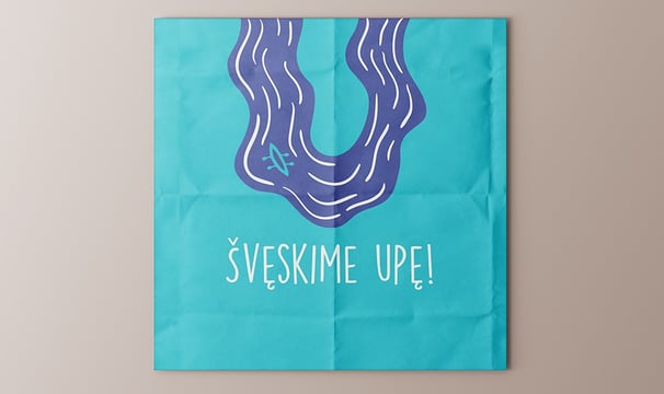 Festival logotype. River U letter shape, blue colour with small canoe. 