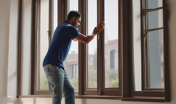 A person cleans the interior of a yellow taxi, with reflections of trees visible on the car window. The person appears to be focused on their task, using a red cloth to wipe the inside of the window. There is a blue car parked in the background.