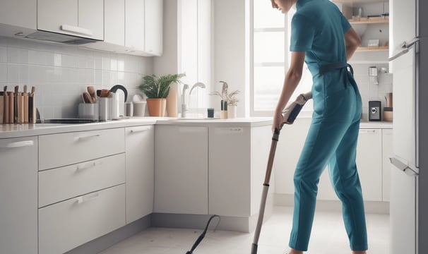 Two people wearing masks are engaged in cleaning activities outside a building with large windows. One person is pushing a line of shopping carts, while the other is sweeping the ground with a broom. The background consists of a paneled wall and a window with visible reflections.