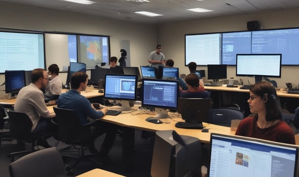 A group of people seated in a computer lab, each facing a desktop computer. The monitors display a website with text and colorful graphics. The room is dimly lit, with a presentation projected on a screen in the background. One person is holding a phone, and there are books or notebooks on the desk.